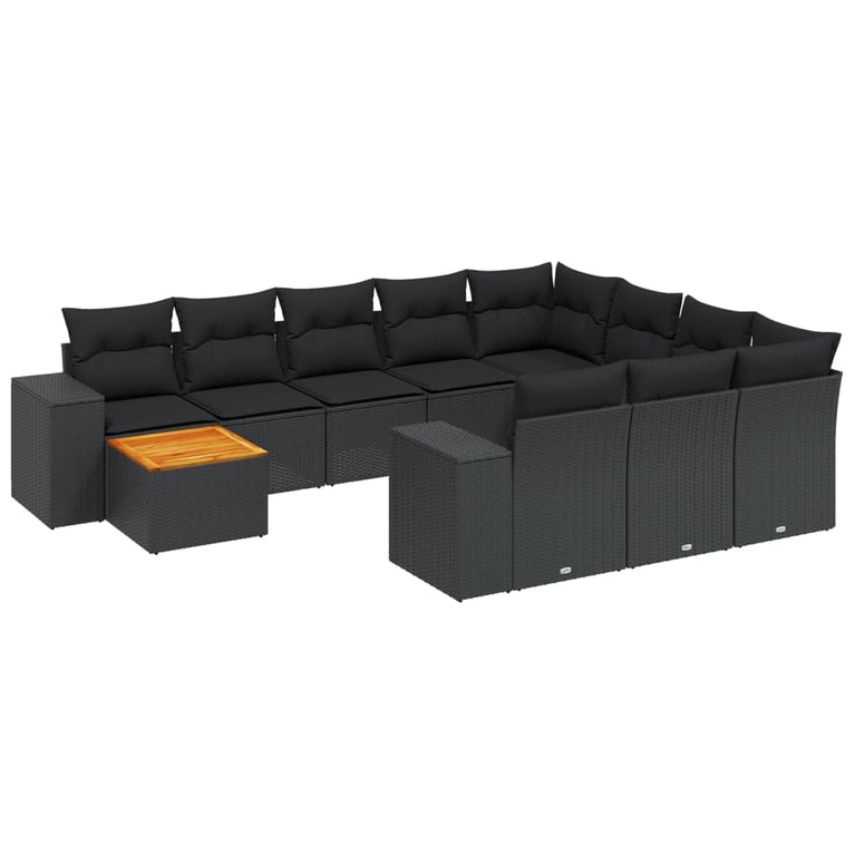 11-delige Loungeset met kussens poly rattan zwart
