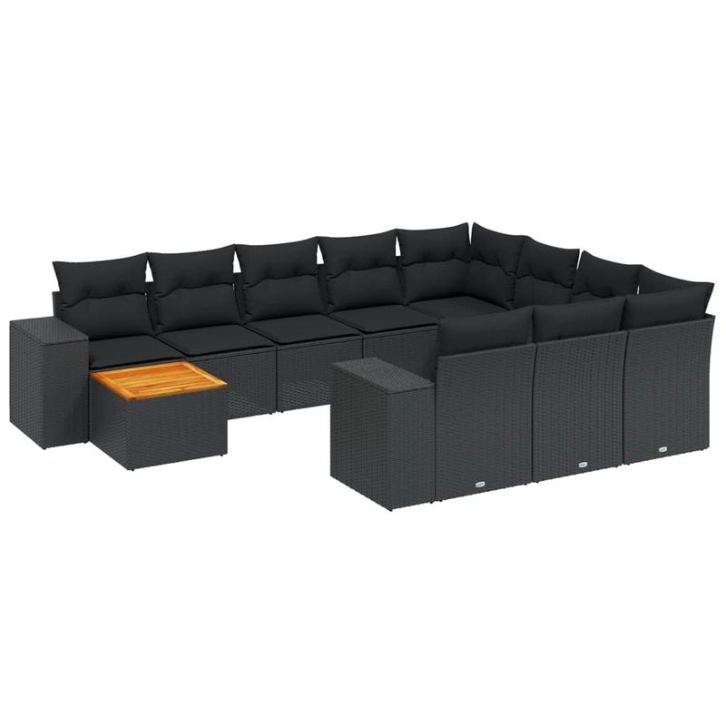 11-delige Loungeset met kussens poly rattan zwart