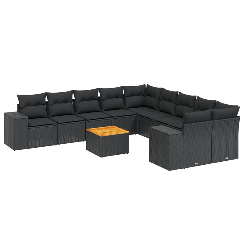 11-delige Loungeset met kussens poly rattan zwart