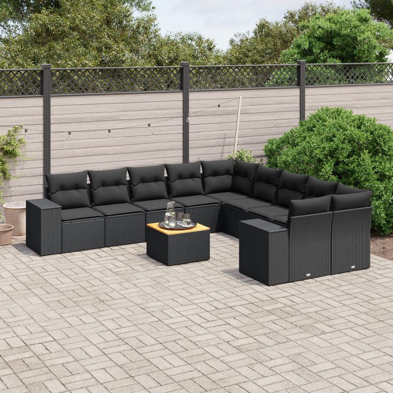 11-delige Loungeset met kussens poly rattan zwart