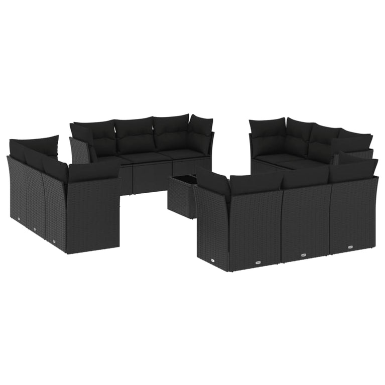 13-delige Loungeset met kussens poly rattan zwart