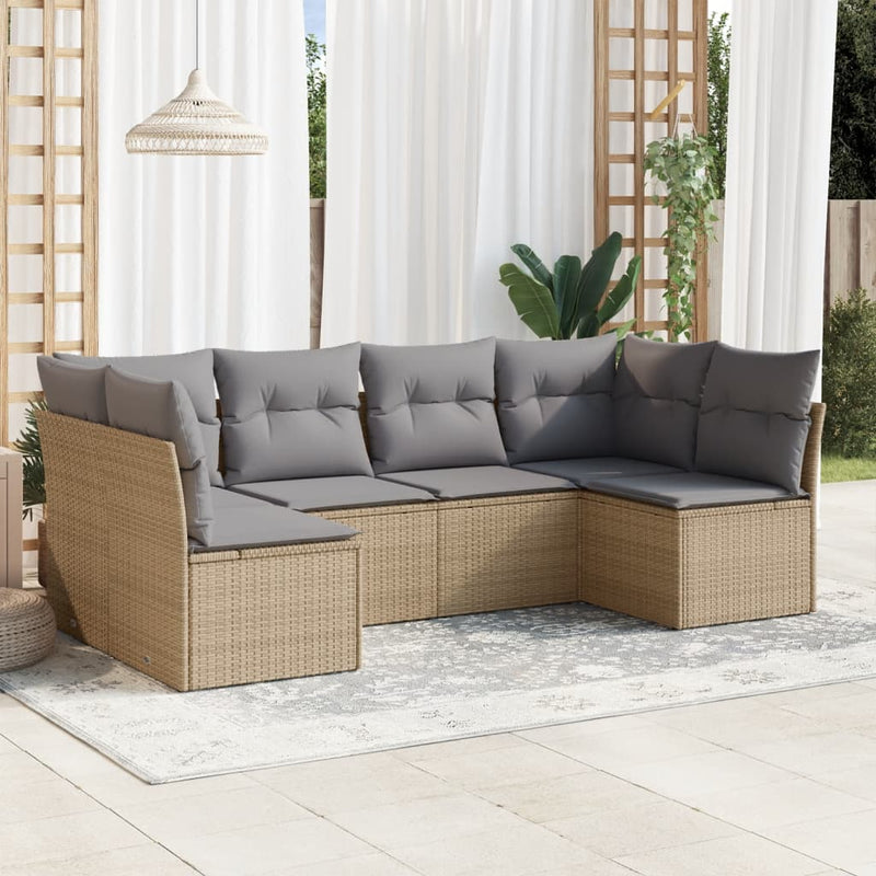 6-delige Loungeset met kussens poly rattan beige