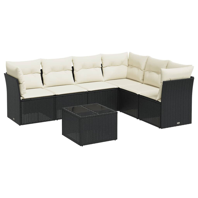 7-delige Loungeset met kussens poly rattan zwart