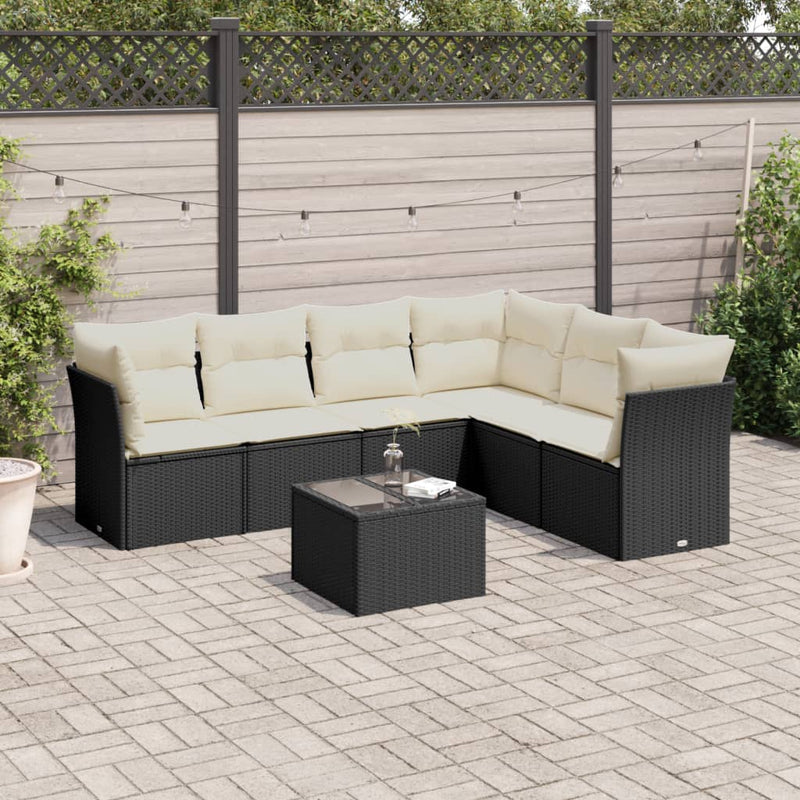 7-delige Loungeset met kussens poly rattan zwart