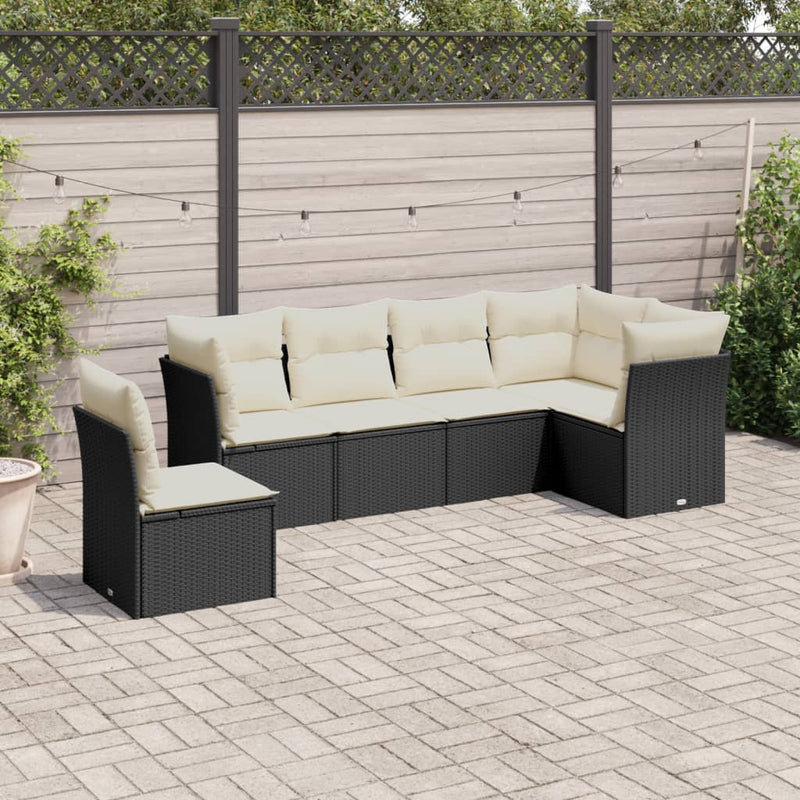 6-delige Loungeset met kussens poly rattan zwart
