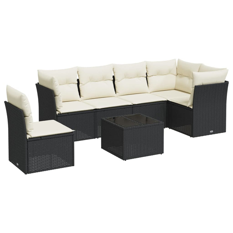 7-delige Loungeset met kussens poly rattan zwart