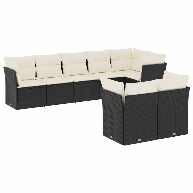 8-delige Loungeset met kussens poly rattan zwart