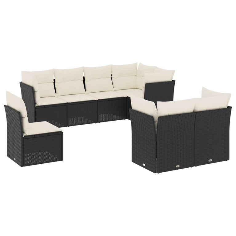 8-delige Loungeset met kussens poly rattan zwart