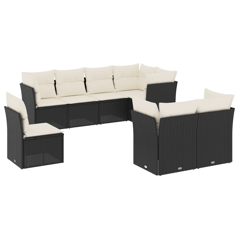 8-delige Loungeset met kussens poly rattan zwart