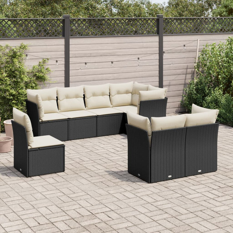 8-delige Loungeset met kussens poly rattan zwart