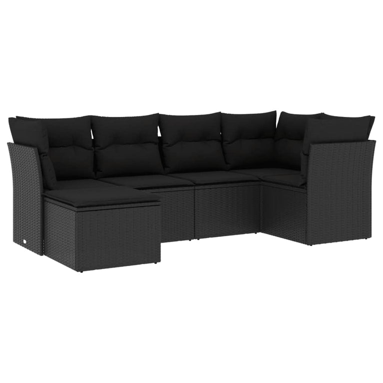 6-delige Loungeset met kussens poly rattan zwart