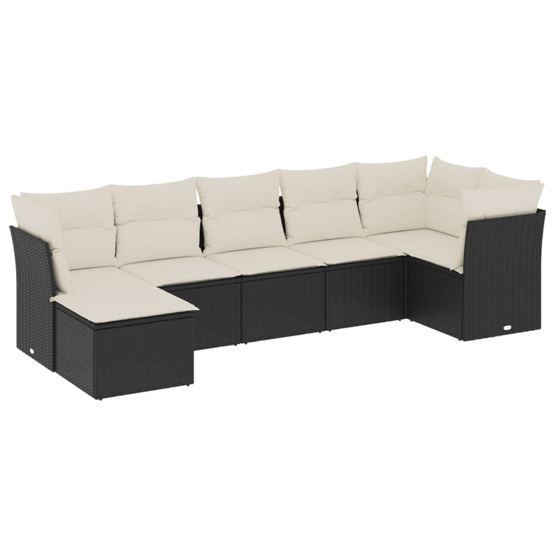 7-delige Loungeset met kussens poly rattan zwart