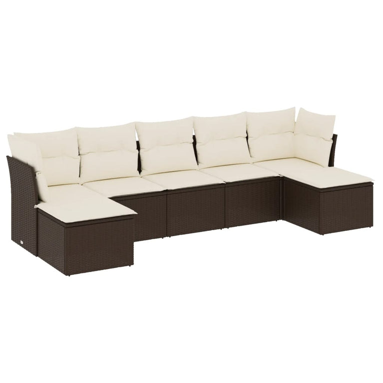7-delige Loungeset met kussens poly rattan bruin