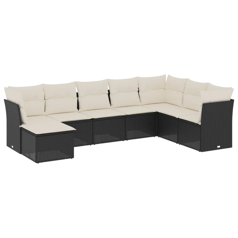 8-delige Loungeset met kussens poly rattan zwart