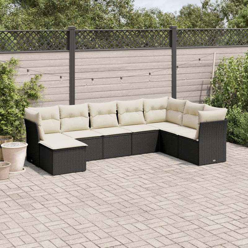 8-delige Loungeset met kussens poly rattan zwart