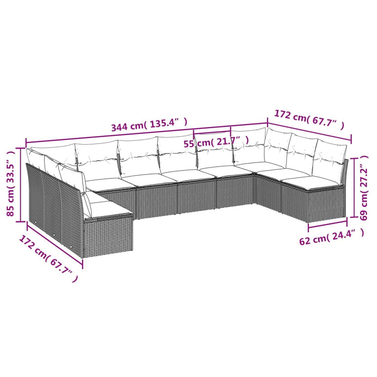 10-delige Loungeset met kussens poly rattan bruin