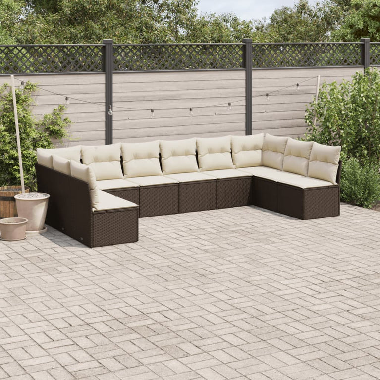 10-delige Loungeset met kussens poly rattan bruin