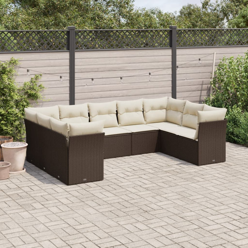 9-delige Loungeset met kussens poly rattan bruin
