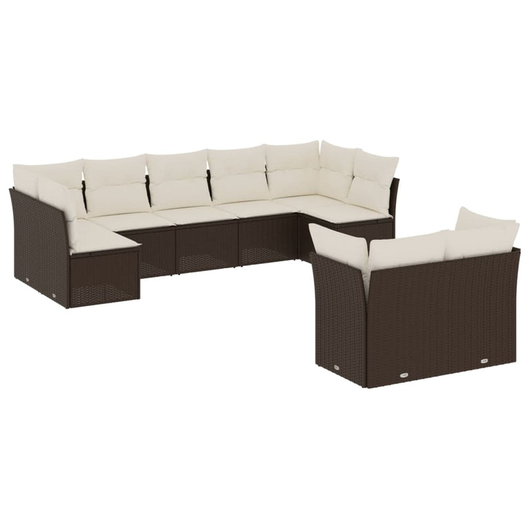 9-delige Loungeset met kussens poly rattan bruin