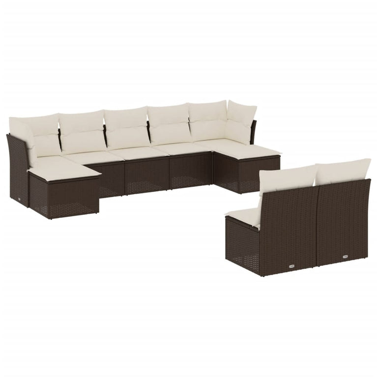 9-delige Loungeset met kussens poly rattan bruin