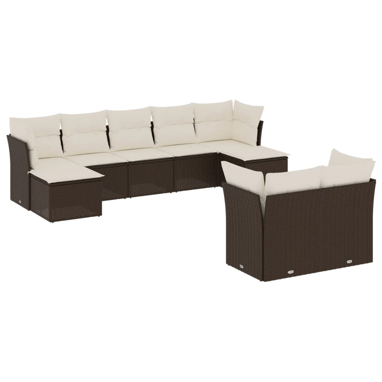 9-delige Loungeset met kussens poly rattan bruin