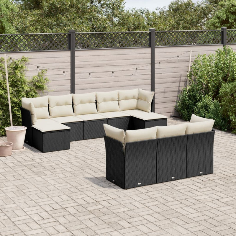 10-delige Loungeset met kussens poly rattan zwart