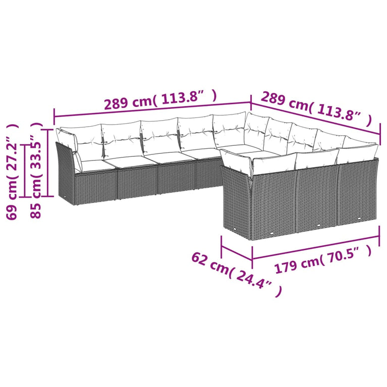 11-delige Loungeset met kussens poly rattan bruin