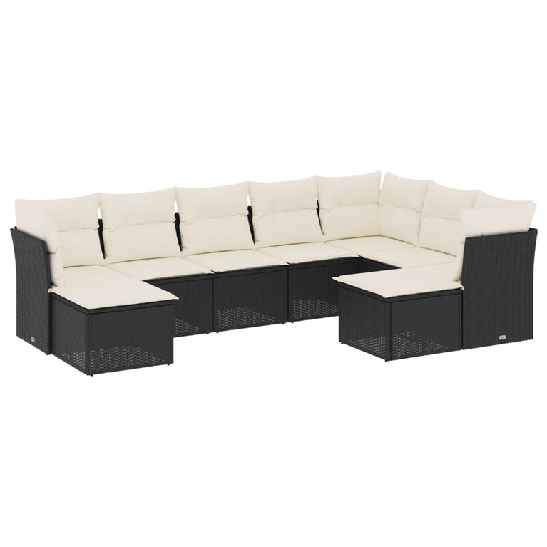 9-delige Loungeset met kussens poly rattan zwart