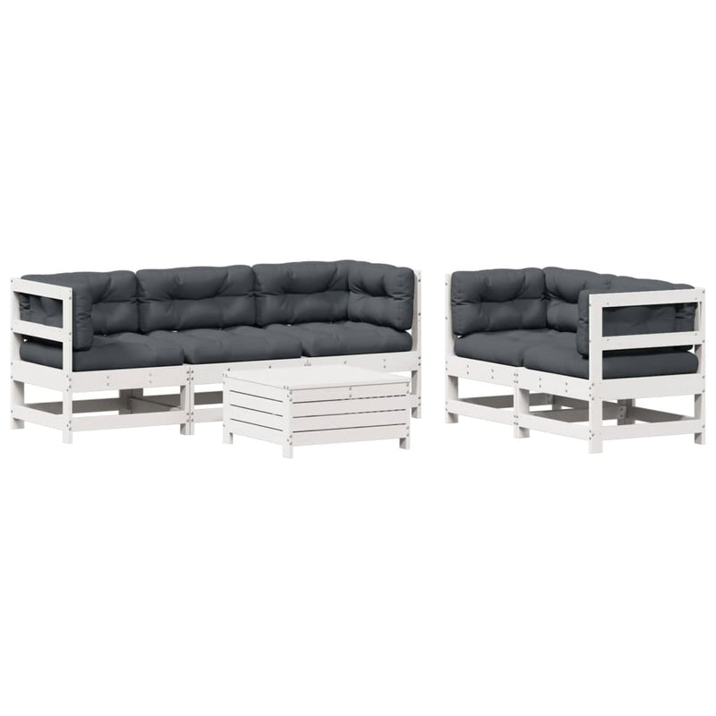 6-delige Loungeset met kussens massief grenenhout wit
