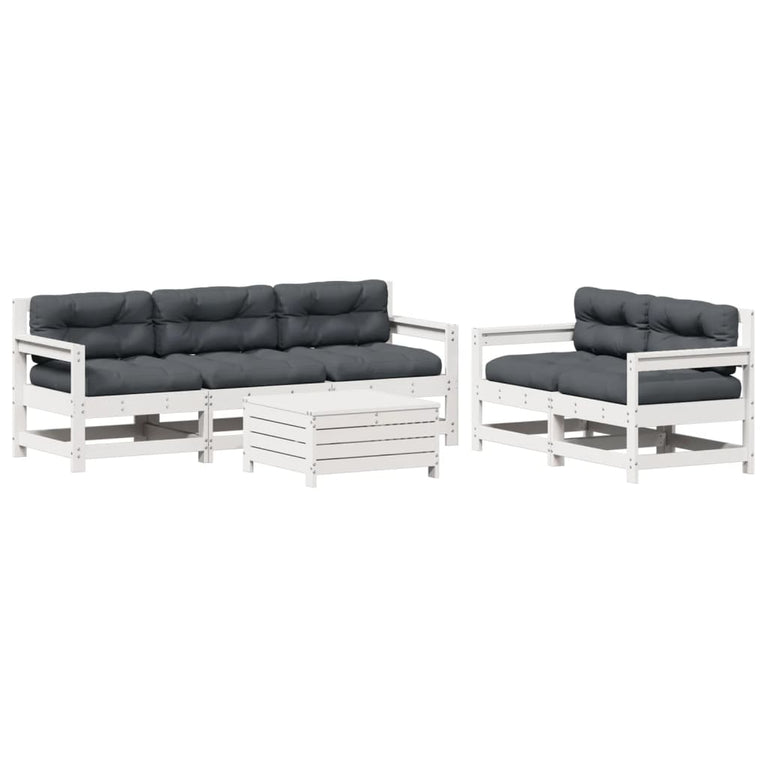 6-delige Loungeset met kussens massief grenenhout wit