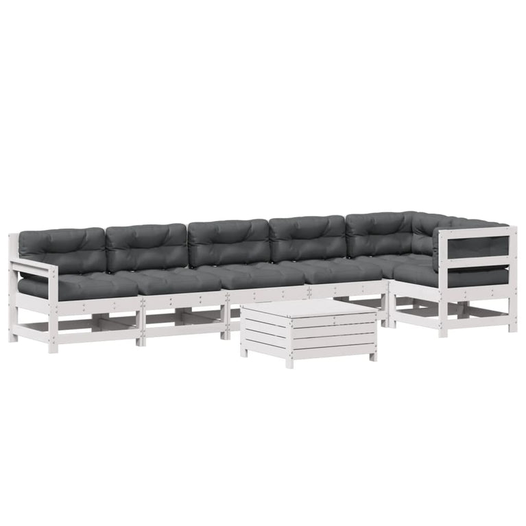 7-delige Loungeset met kussens massief grenenhout wit