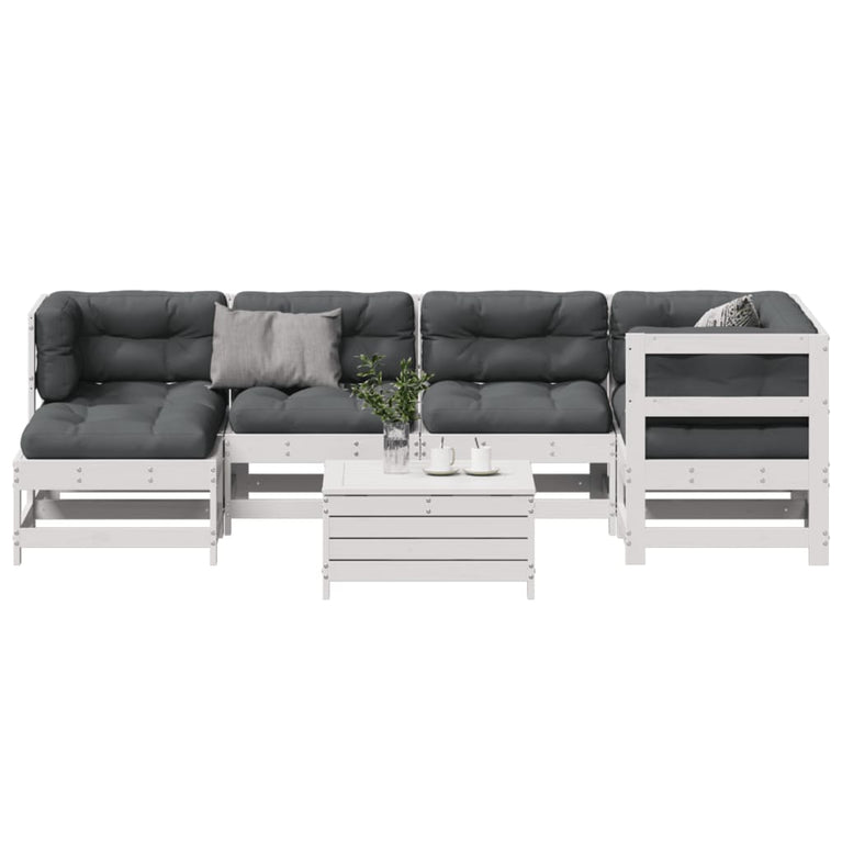 7-delige Loungeset met kussens massief grenenhout wit