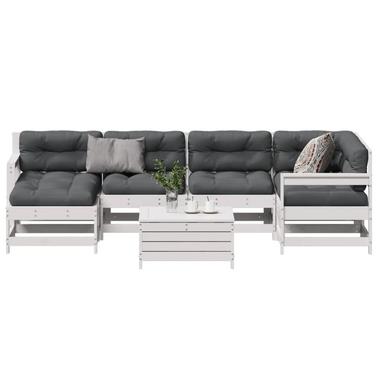 7-delige Loungeset met kussens massief grenenhout wit