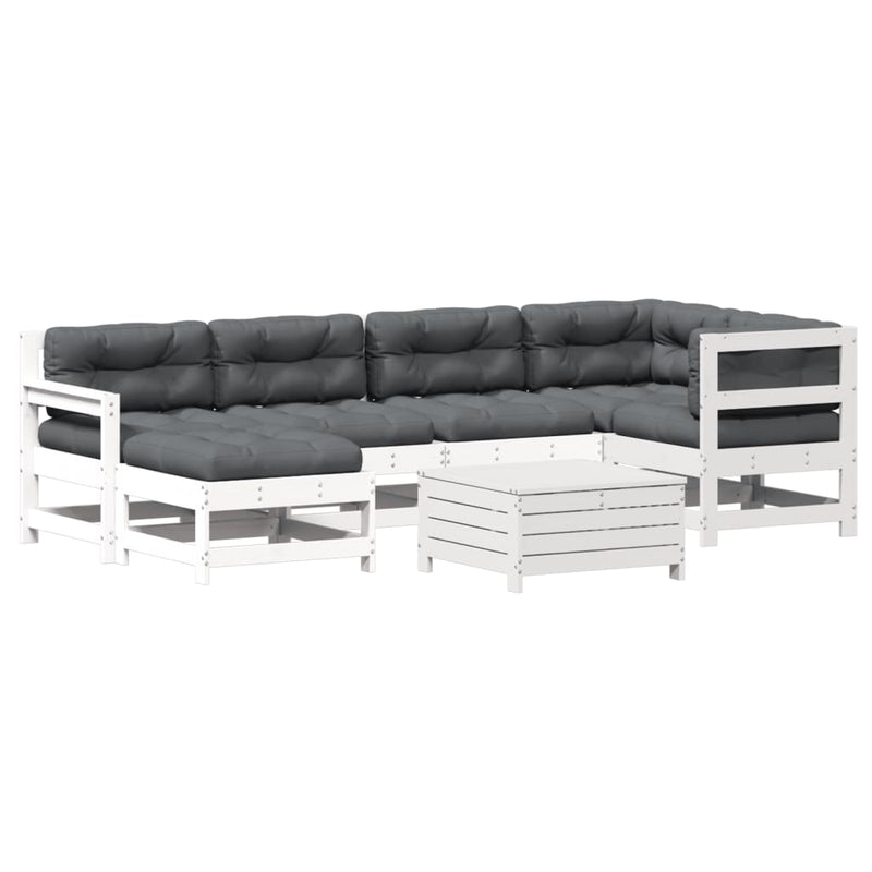 7-delige Loungeset met kussens massief grenenhout wit