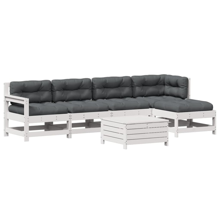 6-delige Loungeset met kussens massief grenenhout wit