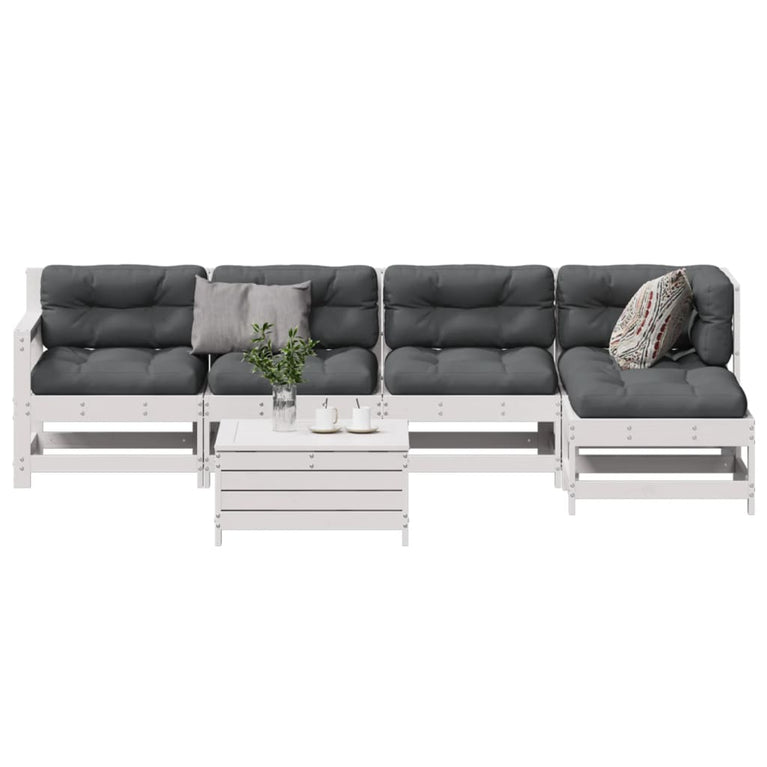 6-delige Loungeset met kussens massief grenenhout wit