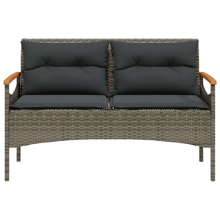 Tuinbank met kussens 116x62,5x74 cm poly rattan grijs