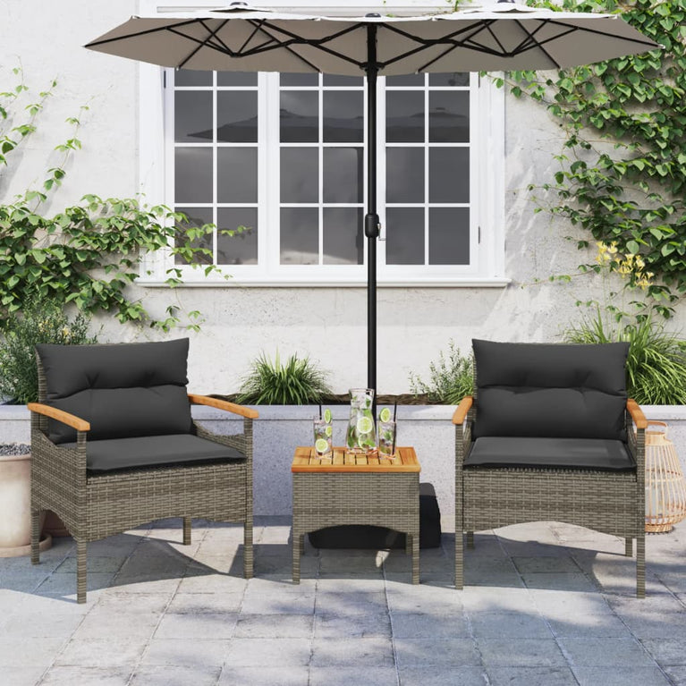 3-delige Loungeset met kussens poly rattan grijs