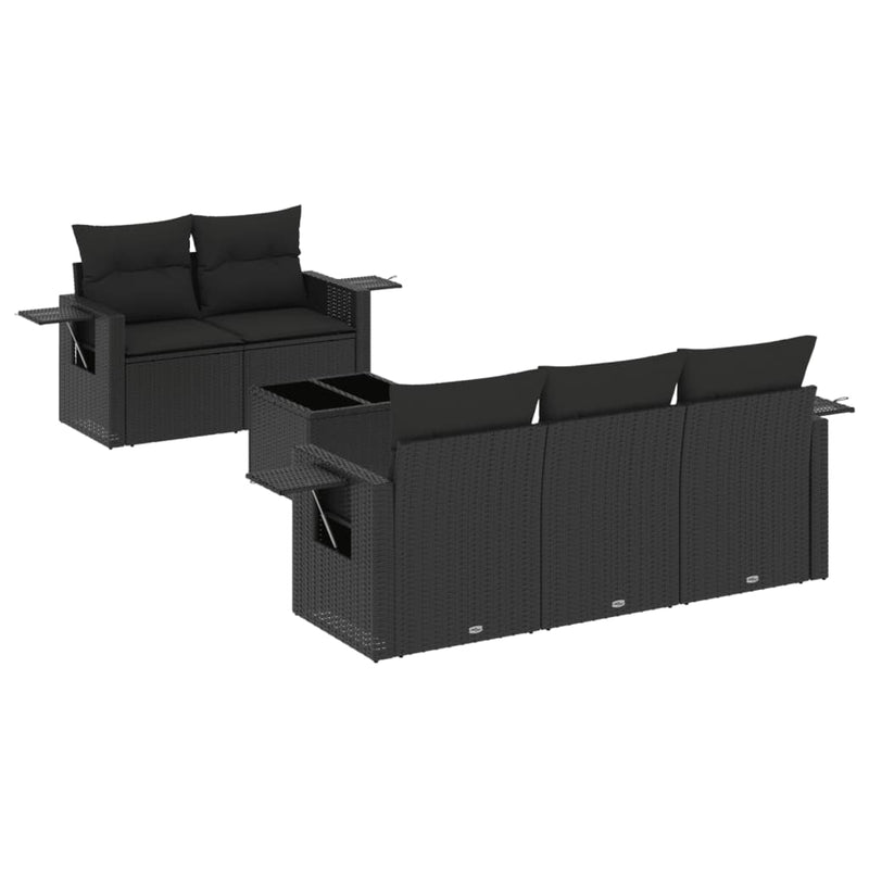 6-delige Loungeset met kussens poly rattan zwart