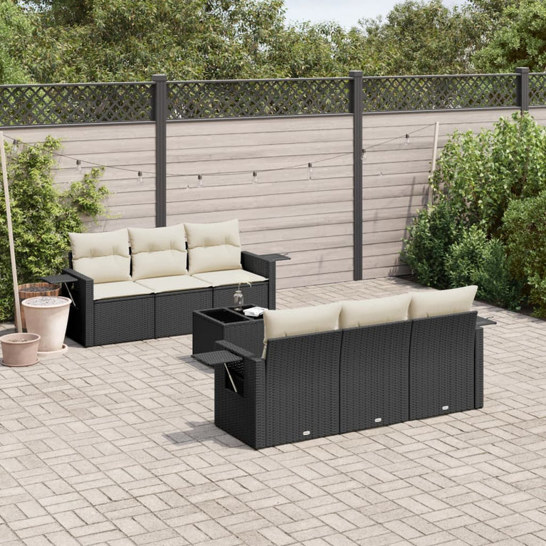 7-delige Loungeset met kussens poly rattan zwart