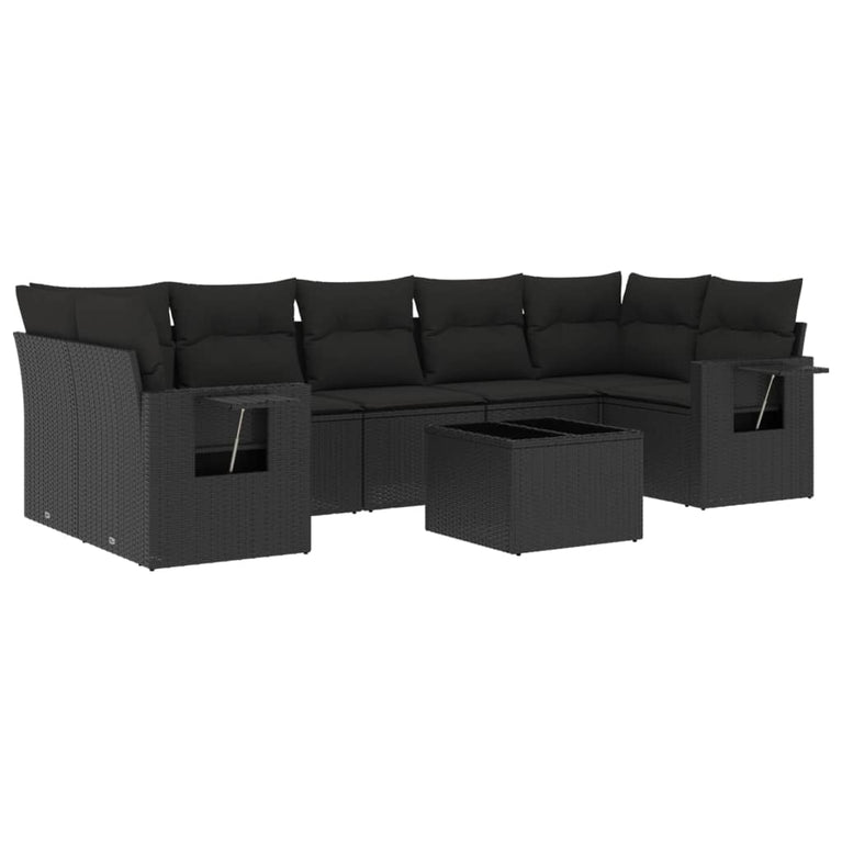 8-delige Loungeset met kussens poly rattan zwart