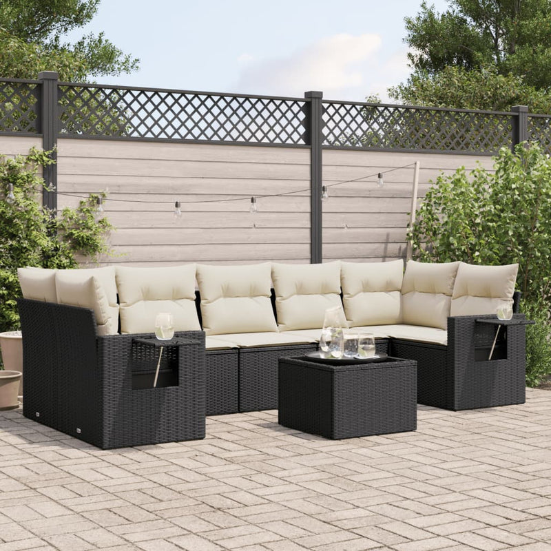 8-delige Loungeset met kussens poly rattan zwart