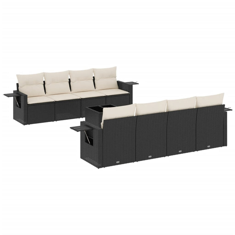 9-delige Loungeset met kussens poly rattan zwart