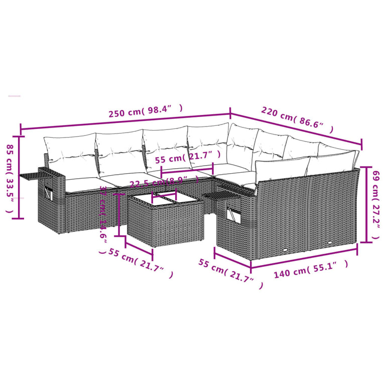 9-delige Loungeset met kussens poly rattan zwart