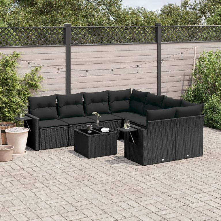 9-delige Loungeset met kussens poly rattan zwart