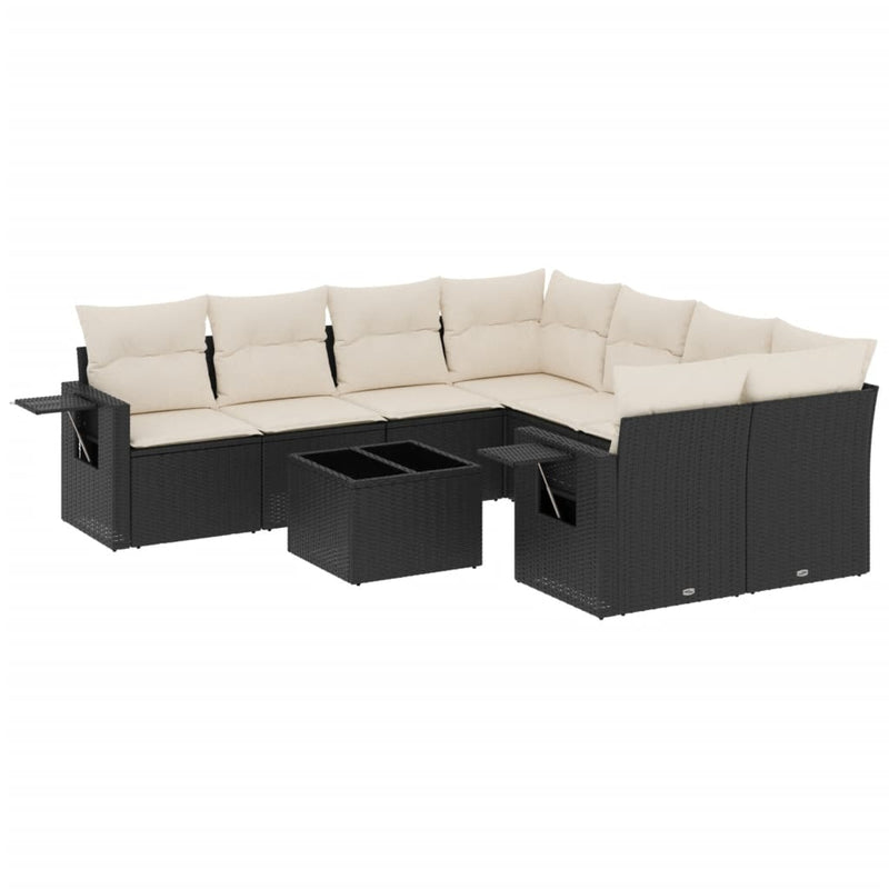9-delige Loungeset met kussens poly rattan zwart