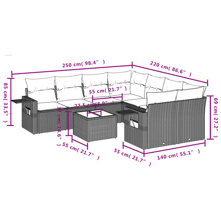 9-delige Loungeset met kussens poly rattan zwart