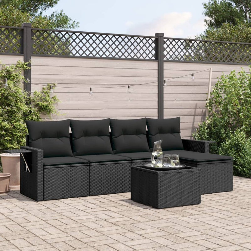 6-delige Loungeset met kussens poly rattan zwart