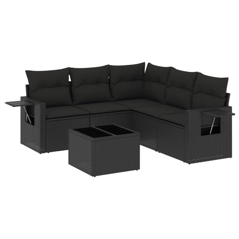 6-delige Loungeset met kussens poly rattan zwart