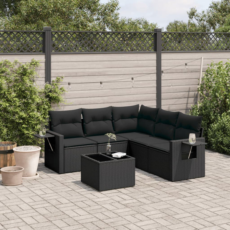 6-delige Loungeset met kussens poly rattan zwart